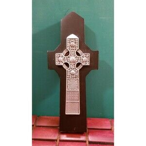 Vintage Pewter IHS Celtic Cross mounted on Black Wood by McVan 8"x3.38"